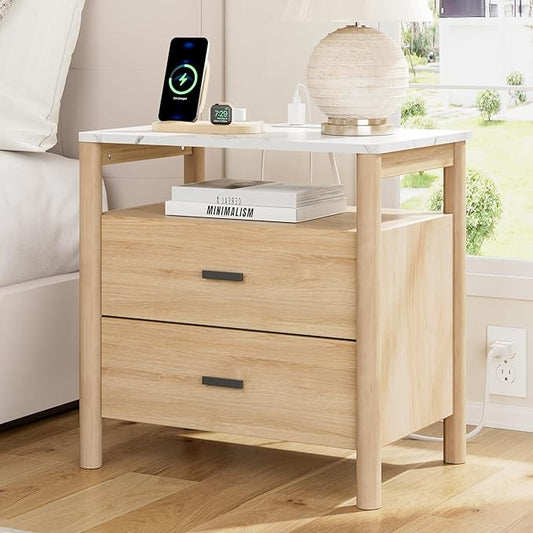 FavourLife Night Stand, 23" Wide Nightstand, Modern Large Nightstand with Charging Station & Faux Marble Top, 2 Drawer End Table with Solid Round Post Legs, Bedside Table for Bedroom, Natural Oak