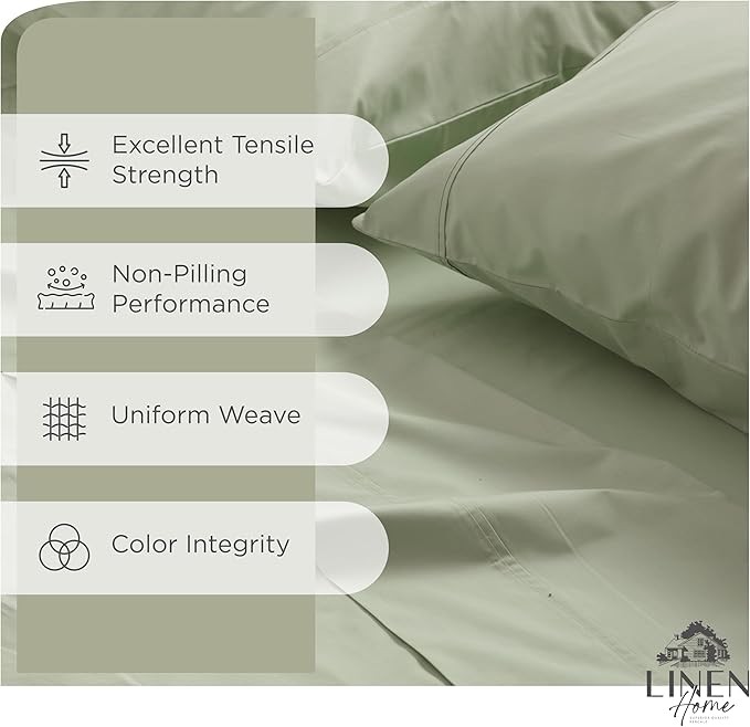 Linen Home 100% Cotton Percale Sheets Queen Size, Sage, Deep Pocket, 4 Pieces Set - 1 Flat, 1 Deep Pocket Fitted Sheet and 2 Pillowcases, Crisp Cool and Strong Bed Linen