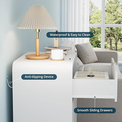 FURSUN 32" Tall Fluted Nightstand Set of 2, 3 Drawers Wooden End Table w/Storage, Curved Profile Design, Modern Bedside Table for Bedroom, Solid White