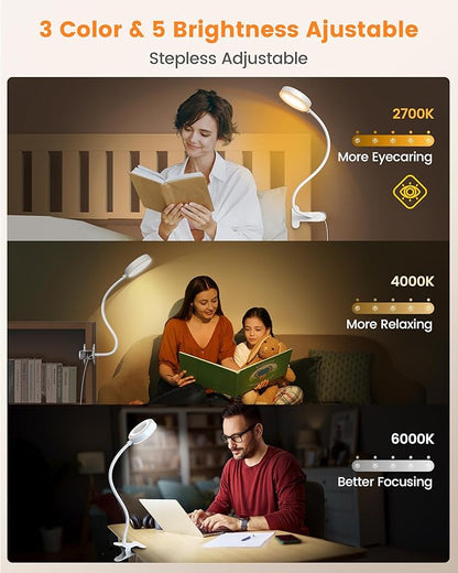 Glocusent Clip on Light, 72 LEDs Clip on Lamp with Amber Night Light, 3 Colors & 5 Brightness Bed Lamp, 30/60-Min Auto Off Timer, Perfect Eye Caring Reading Lamps for Bed/Headboard/Table/Desk