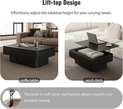 LKTART Lift Top Coffee Table for Living Room, Accent Fluted Coffee Table with Storage, Modern Solid Wood Veneered Rectangle Center Tea Table for Small Space Apartment (38.6''L×14''H-Black)