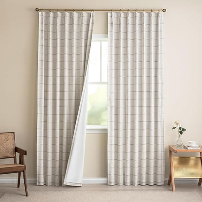 Linen Plaid Blackout Curtains for Living Room,Bedroom,Dining Room 95 Inches Long Gingham Double Layer 2 Panels Set Luxury and Modern Printed Design Darkening Pinch Pleated