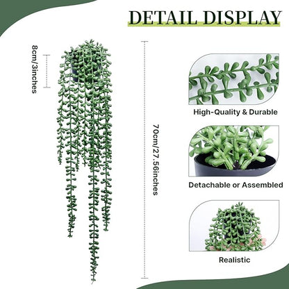 Artificial Hanging Plants for Shelf, 2-Pack Fake Potted Greenery Faux String of Pearls in Black Pot, Décor for Office Living Room Bathroom Indoor Outdoor