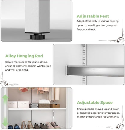 COFaR Metal Wardrobe Cabinet with Hanging Rod, 71 inches Tall Bedroom Armoire Wardrobe Closet for Home, Office, Garage, Laundry Room White