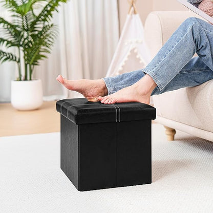 B FSOBEIIALEO Folding Storage Ottoman Cube, Faux Leather Footrest Seat Coffee Table, Black 16.5"x12.6"x12.6"