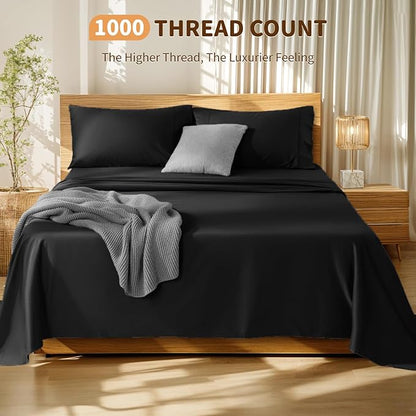 LBRO2M 100% Cotton Sheets Set Deep Pocket 19", 1000 Thread Count Full Size 4 Piece Bed Sheet Sets Soft Comfortable Bedding All Season (Full, Black)