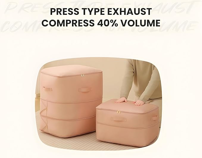 Ultra Space Saving Self Compression Organizer, 2025 New 3-Layer Zipper Large Capacity Storage Bag, Thick Satin Fabric Heavy Duty Bags for Comforters Blankets Bedding Duvet (Pink, X-Large, 21x17x24in)