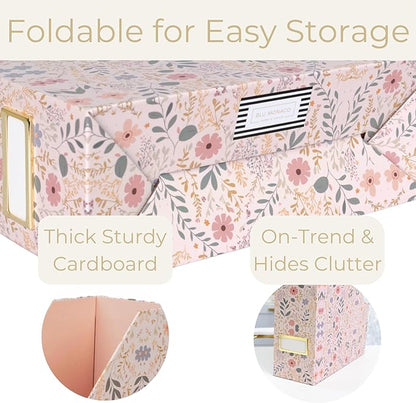 BLU MONACO | Cardboard Magazine File Holder Set of 4 | Standing File Holder with Floral Boho Design | Foldable Cardboard Bins for Shelves Desk Office Storage