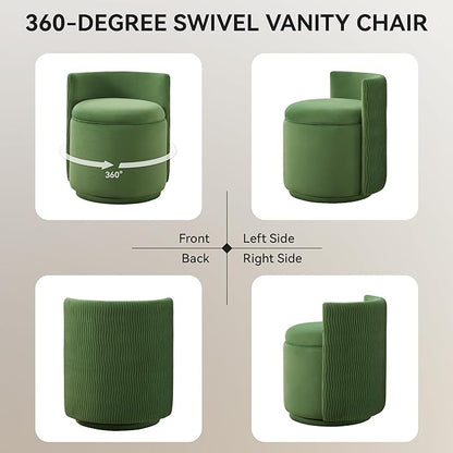 Velvet Vanity Chair with Storage, 360° Swivel Makeup Chair with Wave Back, No Assembly Small Accent Stool for Bedroom, Dressing, Living Room, Green