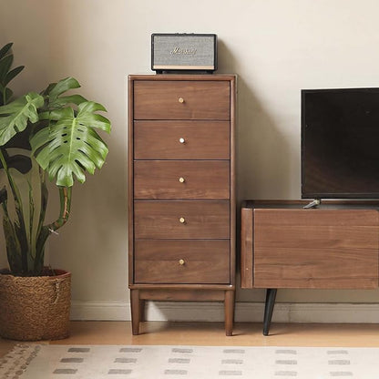 Solid Walnut Nightstand, Solid Wood Dresser with Drawers, Mid Century 5 Drawer Dresser for Beroom, 39.69" Tall Dresser for Living Room, Wooden Side End Tables for Hallway