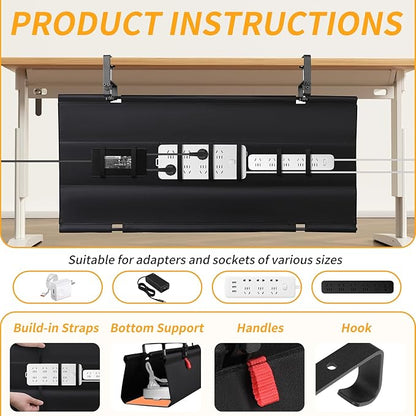No Drill Under Desk Cable Management Tray, 36" Cord Organizer with Clamp, Fabric Cable Management for Standing Desks, Ideal for Home & Office - Black
