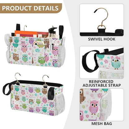 Bedside Caddy Hanging Bunk Bed Caddy Bed Organizer Hanging Pocket with 2 Hooks Bedside Storage Organizer Pocket Bag Holder Colorful Owls and Flowers