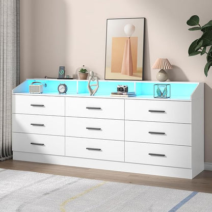 9 Drawers Dresser for Bedroom with Power Outlet, Chest of Drawers with LED Light, Modern Dressers with Open Storage Cubby, Triple Wide Dressers Organizer for Living Room (White)
