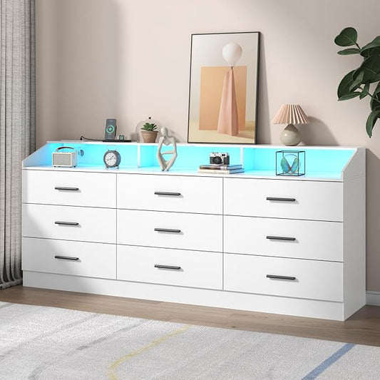 9 Drawers Dresser for Bedroom with Power Outlet, Chest of Drawers with LED Light, Modern Dressers with Open Storage Cubby, Triple Wide Dressers Organizer for Living Room (White)