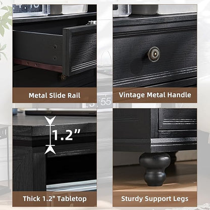24" Wide Farmhouse Nightstand Set of 2 with Charging Station,End Table with 2 Drawers,Black Wood Dresser for Bedroom Cabinet, Bed Side Table Chest of Drawers, Night Stand for Living Room