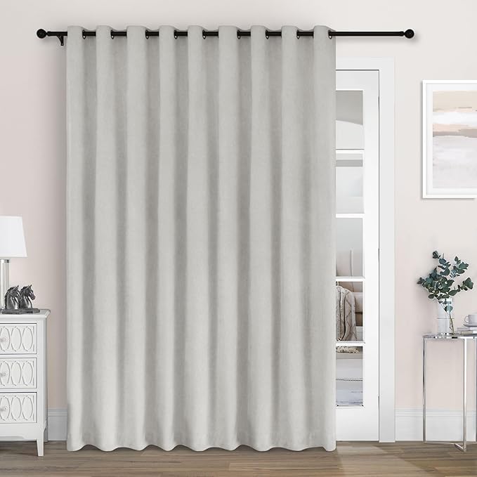 Macochico Extra Wide 100% Blackout Chenille Curtains 100" Wx102 L Thermal Curtains for Sliding Door Room Divider Living Room Bedroom Hotel White Blackout Curtains Grommet with Tieback 1 Panel
