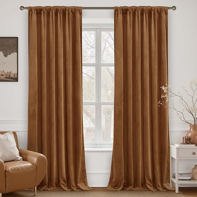LAMIT Bronze Brown Velvet Curtains for Living Room 108 Inches Long, Mid Century Thermal Blackout Curtains Room Darkening Back Tab and Rod Pocket Panels for French Country, 2 Panels, 52 x 108 Inch