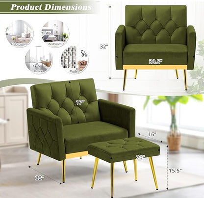 Velvet Accent Chair w/Adjustable Armrests and Backrests, Tufted Single Sofa with Ottoman, Upholstered Reading Chiar for Living Room, Apartment, Bedroom, Olive Green