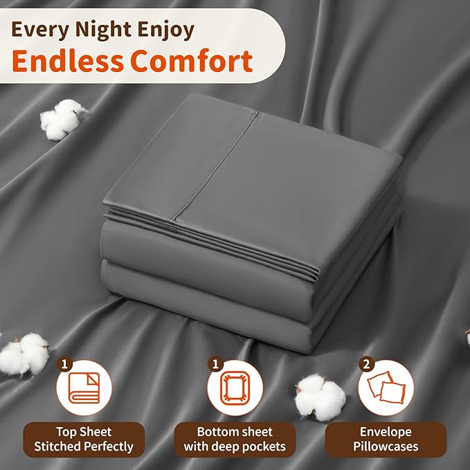 LBRO2M 100% Cotton Sheets Set Deep Pocket 24", 1000 Thread Count California King Size 4 Piece Bed Sheet Sets Soft Comfortable Bedding All Season (California King, Dark Gray)