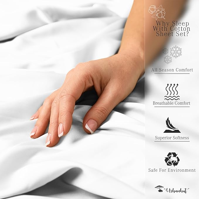 URBANHUT 800 Thread Count 100% Cotton Damask Twin Size Sheets, 4 Piece Striped Twin Size Bedsheets, Luxury Hotel Sheets Sateen Weave - Better Than Egyptian, 14" Elasticized Deep Pocket- White
