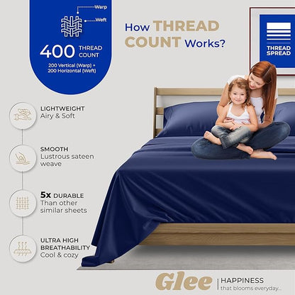THREAD SPREAD 100% Cotton Split King Sheets - 400 Thread Count 5 PC Hotel Quality Sheet for Adjustable Bed - Ultra Soft, Fits Upto 18" Deep Pocket Split King Bed Sheet (Navy Blue)