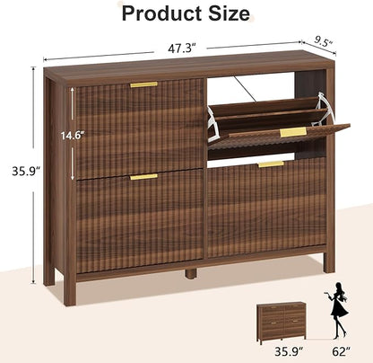 Shoe Cabinet Storage for Entryway, Fluted Shoe Cabinet with 4 Flip Drawers, Hidden Shoe Rack Freestanding Wooden Shoe Organizer with Legs for Hallway, Walnut