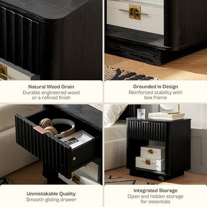 mopio Brooklyn Fluted Nightstand, Modern Farmhouse Nightstand, Small Side, Wood Bedside Table with Drawer, End Table with Storage, Fluted Night Stand, Curved Profile (Black Oak, Set of 2)