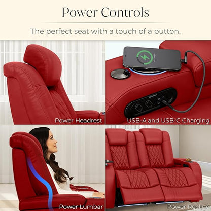 Seatcraft Diamante Zero-Gravity CoolZero Italian Leather Home Theater Seating, Power Headrest, Power Recline, Row of 5, Red