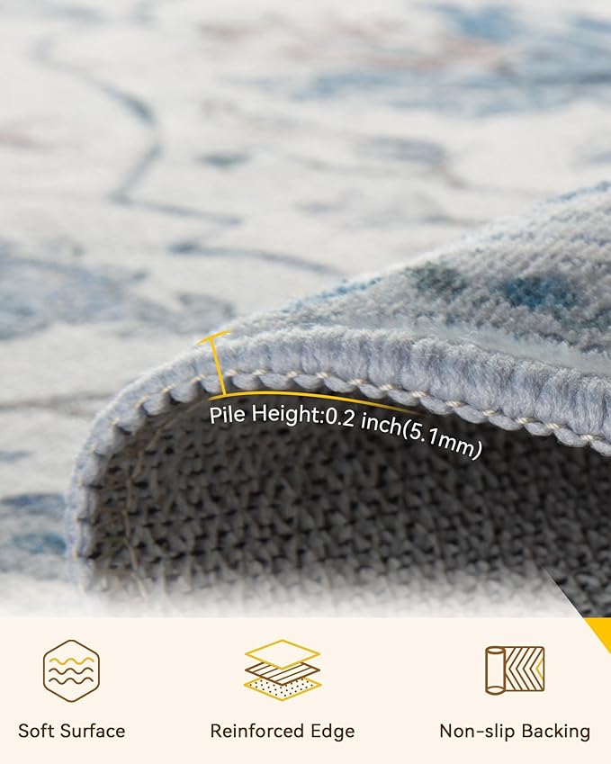 Area Rugs 8ft Washable Non-Slip, Floral Vintage Distress Print Pattern Medallion Carpet for Living Room Bedroom Dining Room, Light Blue Navy Beige Gray White