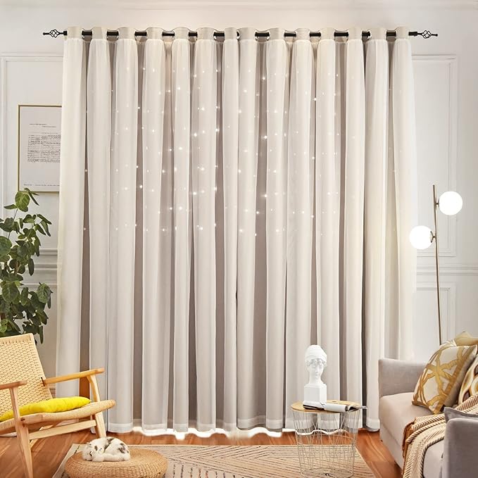 Stars Curtains Double Layer Curtains Blackout Curtains for Bedroom Kids Curtains Cute Curtains Kids Blackout Curtains, Curtains 72 Inches Long 2 Panels Set, Beige Curtains, 52 X 72 Inches