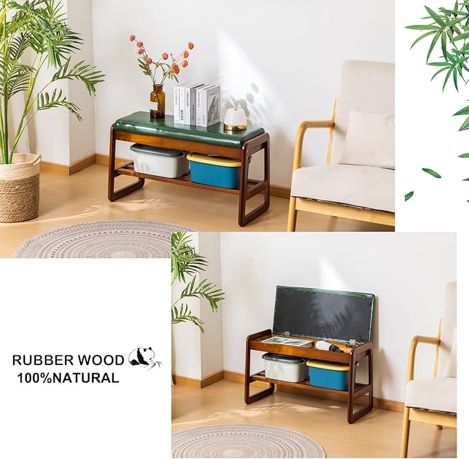 latifolia Solid Wood Bench, Entryway Shoe Bench with Cushion, Flip-Open Storage Compartment, 2-Tier Shoe Organizer(Green,31.50''L)