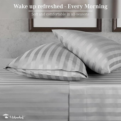 URBANHUT 800 Thread Count 100% Cotton Damask Full Size Sheets, 4 Piece Striped Full Size Bedsheets, Luxury Hotel Sheets Sateen Weave - Better Than Egyptian, 16" Elasticized Deep Pocket- Silver Grey