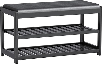 Shoe Bench Entryway, 100% Solid Solid Wood Shoe Rack Bench with Storage and Cushion Padded Seat, 3-Tier Shoe Organizer for Hallway Living Room, Mudrooms, Black