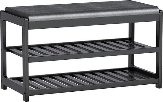 Shoe Bench Entryway, 100% Solid Solid Wood Shoe Rack Bench with Storage and Cushion Padded Seat, 3-Tier Shoe Organizer for Hallway Living Room, Mudrooms, Black