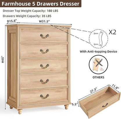 Farmhouse 5 Drawer Dresser for Bedroom, 45" Tall Vinatge Chests of Drawers w/ 4 Solid Gourd Feet, Mid Century Modern Boho Wood Closet Storage Dressers Organizer for Living Room, Natural Oak