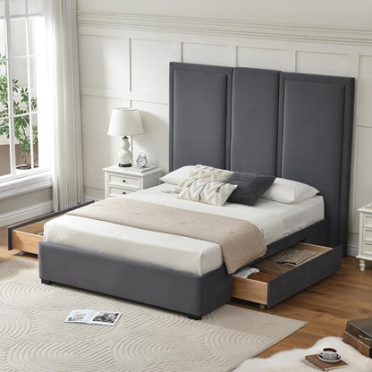 YUHUASHI Queen Size Bed Frame with 64-inch High Headboard, Simple and Airy Linen Upholstered Platform Bed with Storage Drawers, Wood Slat, No Noise (Grey, Queen (U.S. Standard))