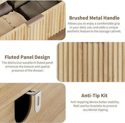 QUW Modern Fluted Dresser for Bedroom with 6 Drawers,47.2" Wood Closet Organizers and Storage,Wide 6 Drawer Dresser with Metal Handle,Hallway,Living Room(Natural Oak)