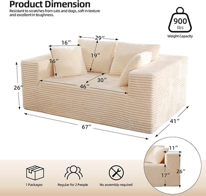 Boneless Cloud Couch Sofa, 2 Seater Deep Seat Modern Lounge Sleeper Couch, No Assemble, Corduroy Compression Upholstered Couches for Living Room, Bedroom, Apartment, Dorm, Office