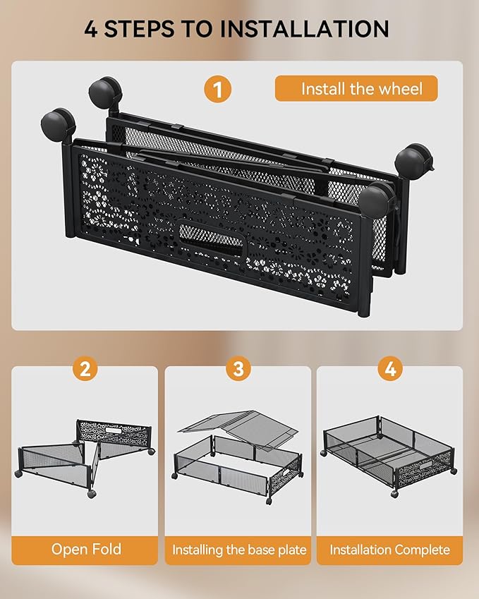Under Bed Storage with Wheels, Foldable Pattern Carved Metal Under The Bed Storage, Tool-Free Assembly Under Bed Organizer, 60L Underbed Storage for Bedroom Clothes Blankets Shoes Toys-4 Pack