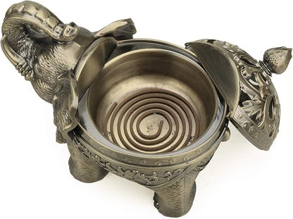 K COOL Metal Backflow Incense Holder Elephant Cone Coil Incense Burner Ash Catcher with Lid, Aromatherapy Ornament Home Office Decoration for Indoor Outdoor (Bronze)
