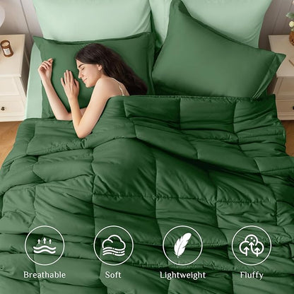 JOLLYVOGUE Queen Comforter Set, Ultra-Soft Bed in a Bag Queen Size 7 Pieces, Oeko-TEX Certified Bedding Set with Down Alternative Comforter, Sheets, Pillowcases & Shams, Dark Green & Light Green