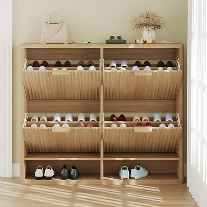 Fluted Shoe Cabinet Storage with 4 Flip Drawers, Narrow Shoe Storage Organizer for Entryway, Hidden Slim Wooden Shoe Rack Cabinet for Front Door Entrance, Hallway, Living Room (4-Drawer, Oak)
