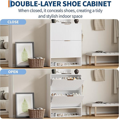 Garvee Fluted Shoe Storage Cabinet, Slim Hidden Shoe Rack Cabinet with 2 Flip Drawers & Bottom Open Shelf, Freestanding Entryway Organizer, Perfect for Closet, Hallway, Foyer, White
