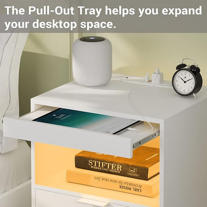 Tiptiper LED Nightstand with Wireless Charging Station, Bedside Table with LED Lights, End Table with 2 Drawers, 1 Pull-Out Tray and Open Storage, Modern Night Stand with USB Ports and Outlets, White
