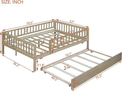 Bellemave Full Size Bed Frames with Rails for Kids, Full daybed Frame with Trundle for Boys/Girls/Adults， Natural