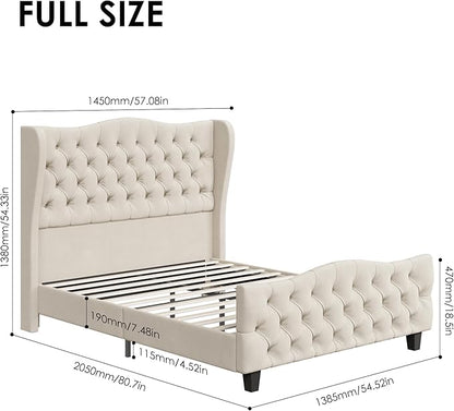 Keyluv Full Size 54.3” Tall Platform Bed Frame with Deep Button Tufted Wingback Headboard and Footboard, Velvet Upholstered Bed Frame with Handmade Pleats, No Box Spring Needed, Beige/Cream