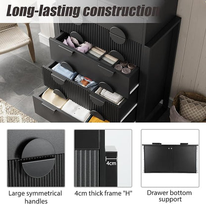 LGHM Fluted Dresser for Bedroom with 6 Drawers, Modern 6 Drawers Dressers with Semicylinder Fluted, Solid Chest of Drawers, 44.5" Tall Dresser with Stable Steel Frame, Metal Handles, Black