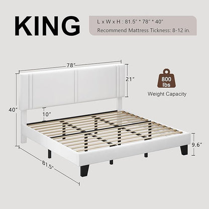 Upholstered King Size Bed Frame with Linen Fabric Headboard, Strong Wooden Slats Support, Noise Free, No Box Spring Needed, White