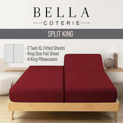 Bella Coterie 7 Piece Luxury Bamboo Viscose Split King Size Sheet Set | 2 Fitted Sheets for Adjustable Beds | 100% Organically Grown | Cooling for Hot Sleepers | 4 Pillowcases [Merlot]