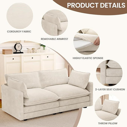 ROWHY 78'' Sectional 2 Seat Cloud Loveseat with 2 Throw Pillows, Modern Corduroy Love Seat, Cozy Sofa for Living Room, Office and Bedroom, Beige